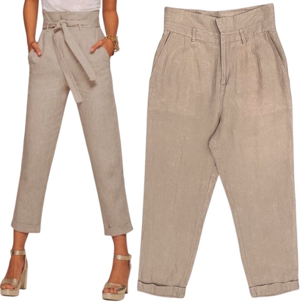 Reformation Fisher Paperbag Linen Straight Leg Cuffed Ankle Pants in Beige Sz 4